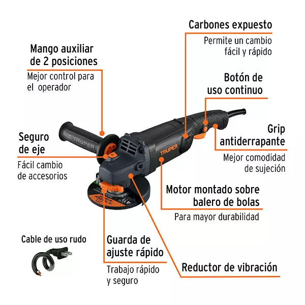 Pulidora Angular 4-1/2", 1250w, Truper Industrial