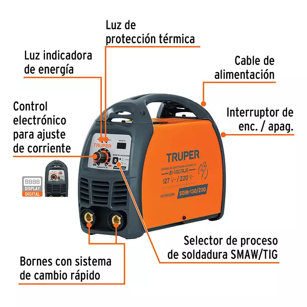 Soldadora Inversora Bi-Voltaje 200 A, 127 V/220 V, Truper