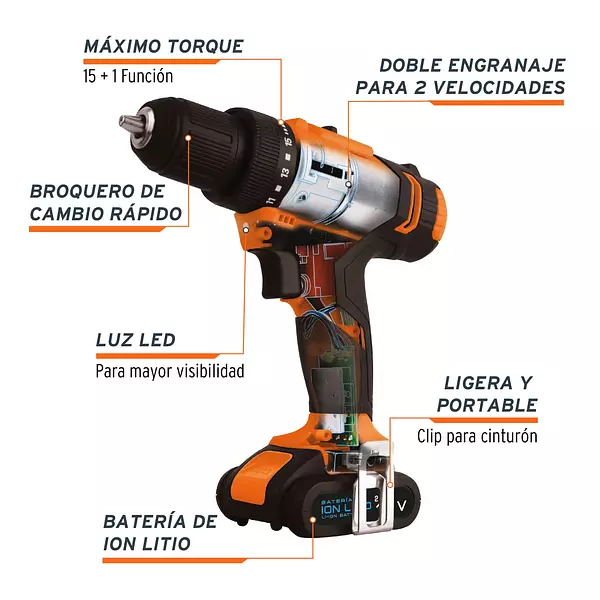 Taladro Inal. 3/8", 12v, 1 Bat. 2ah, 1 Carg. Truper Pr