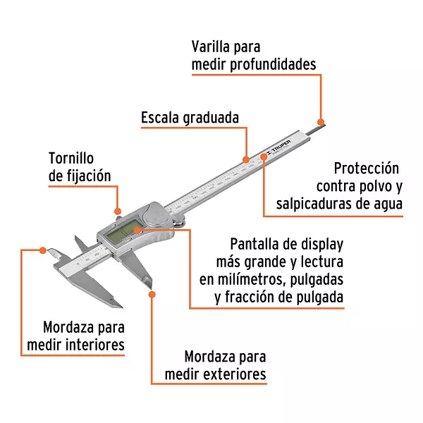 Calibrador Vernier Digital 6" Acero Inox, Std Y Mm, Truper